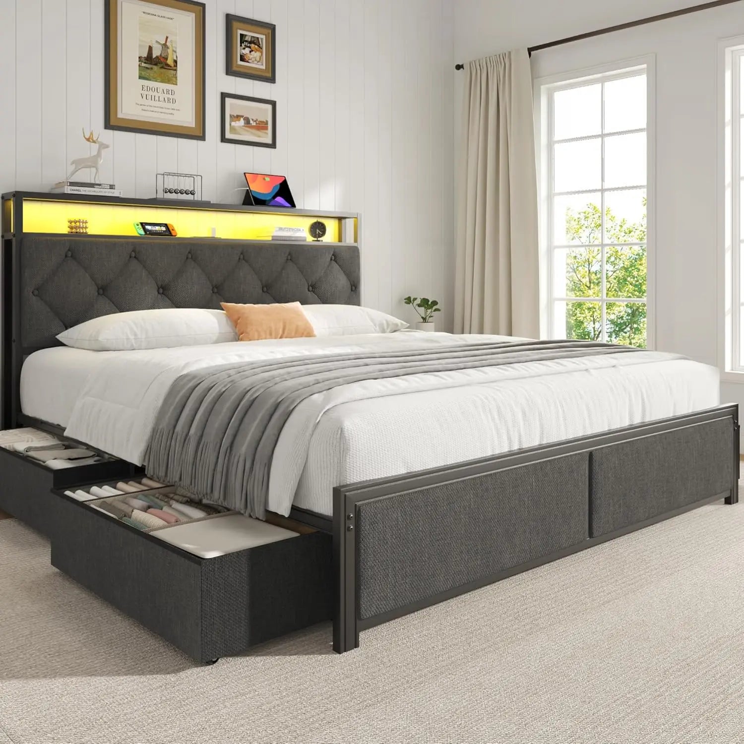 Queen Bed Frame with 4 Drawers, LED Lights & Built-In Charging Station