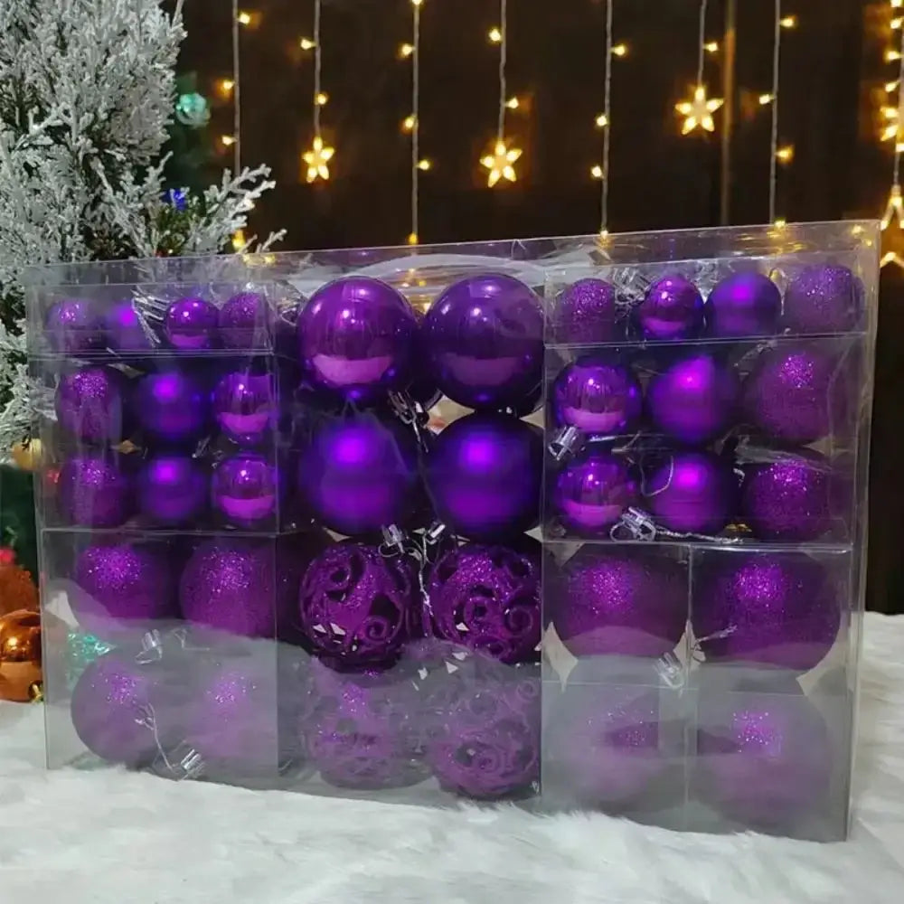 Purple 100PCS Plastic Christmas Ball Set with glossy and glitter finishes, perfect for bold and unique holiday tree styling.