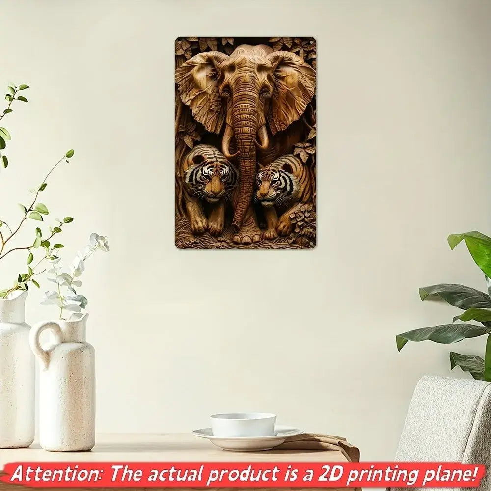 Vintage Elephant & Tigers Metal Sign - 8x12 inch