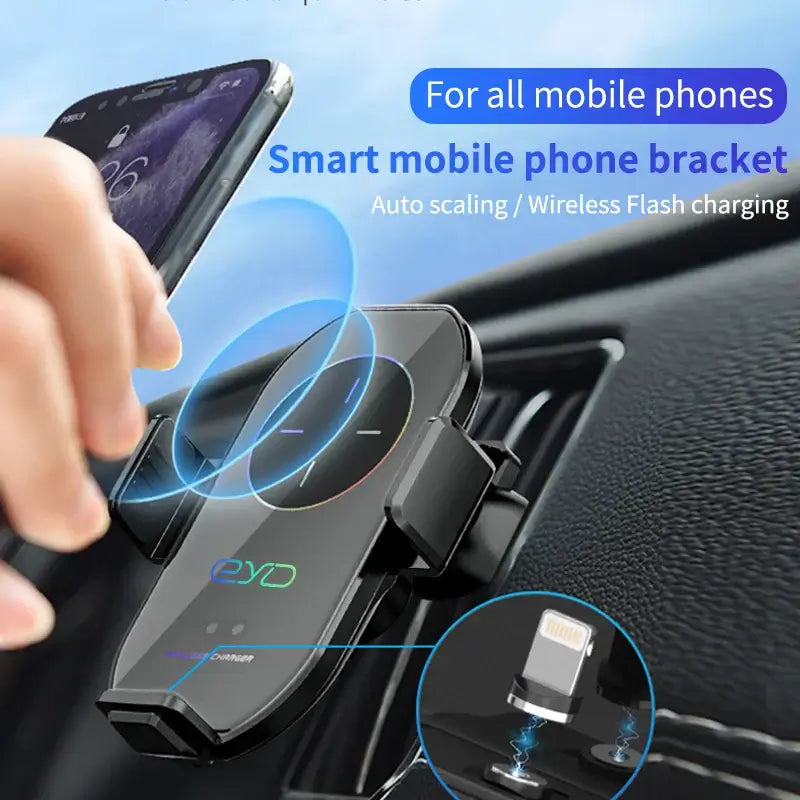 A7S Wireless Charger - Magnetic Dashboard with auto-scaling arms and wireless flash charging, mounted on car dashboard for universal phone use.