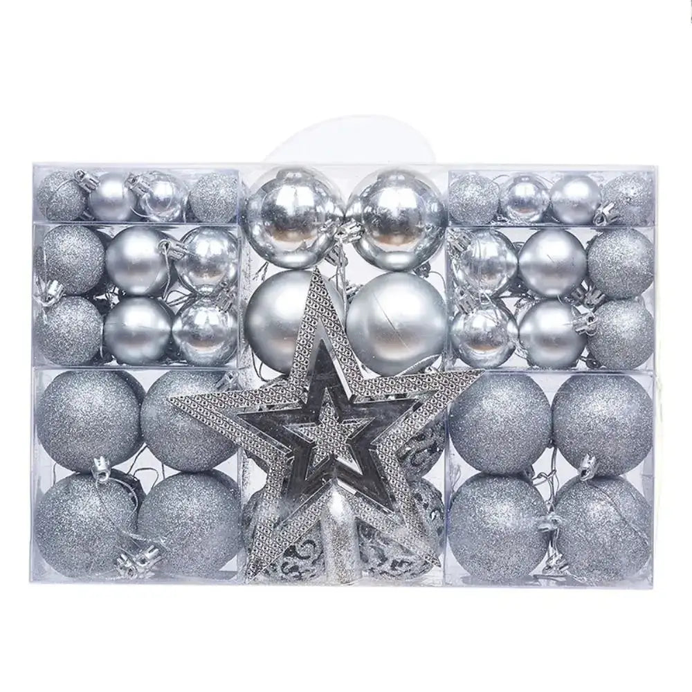 Silver 100PCS Plastic Christmas Ball Set with matching star topper, includes glitter and shiny ornaments for festive decor.