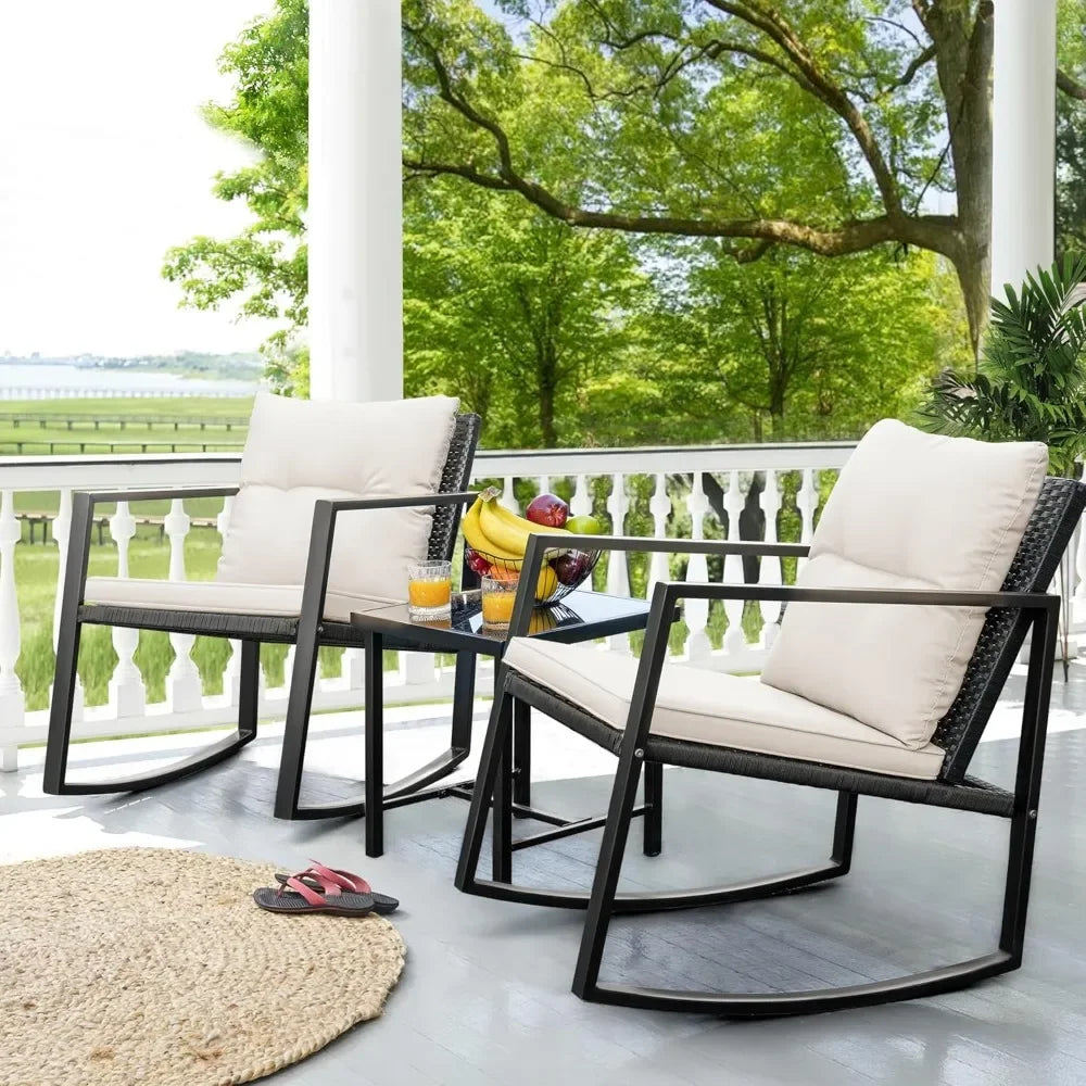 Patio Chairs 3 Piece Wicker Rocking Chair Outdoor Bistro Set -