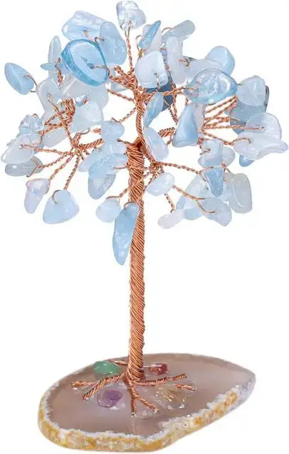 Aquamarine crystal money tree with copper wire trunk on a polished agate slice base. Ideal for calming energy and decor.