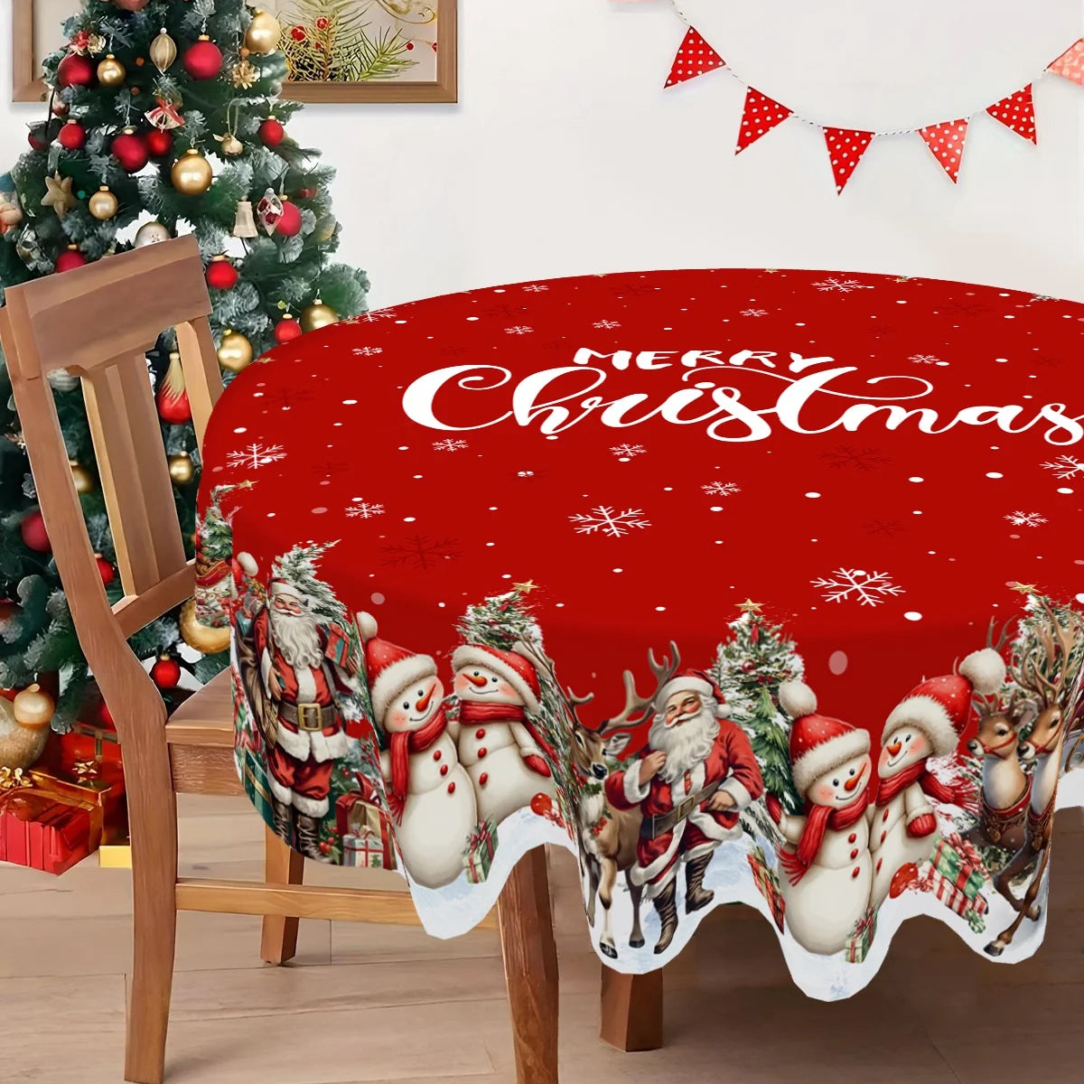 A Christmas Santa Claus tablecloth adds a festive touch to any holiday gathering, featuring cheerful designs of Santa, reindeer, and snowy scenes. 