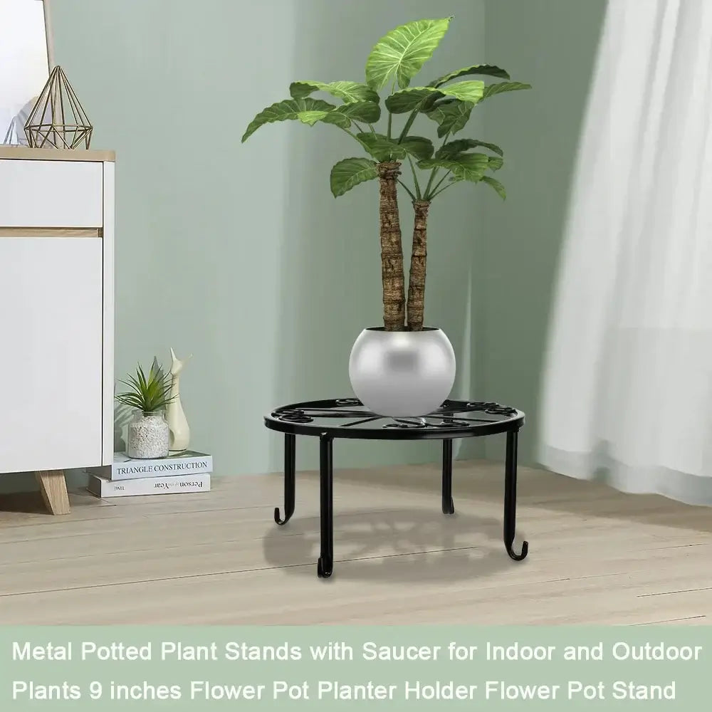 Black metal plant stand with saucer base holding a potted tree, perfect for indoor and outdoor use in home and garden settings.