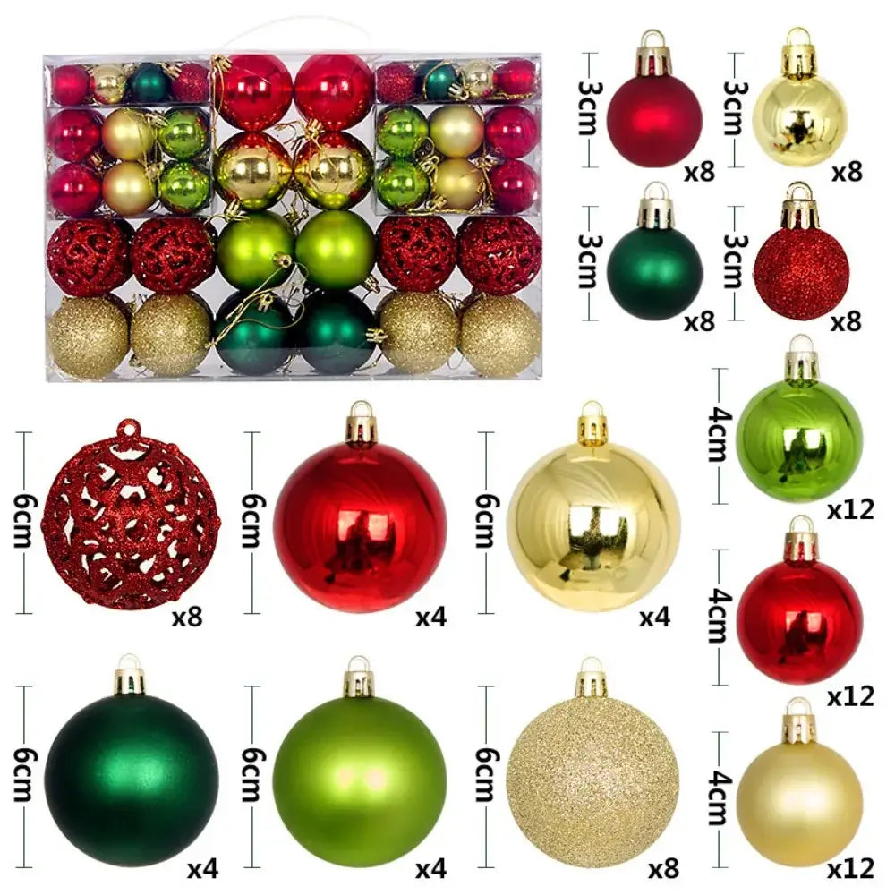 Green and red 100PCS Plastic Christmas Ball Set with size and finish breakdown, ideal for classic holiday ornament arrangements.