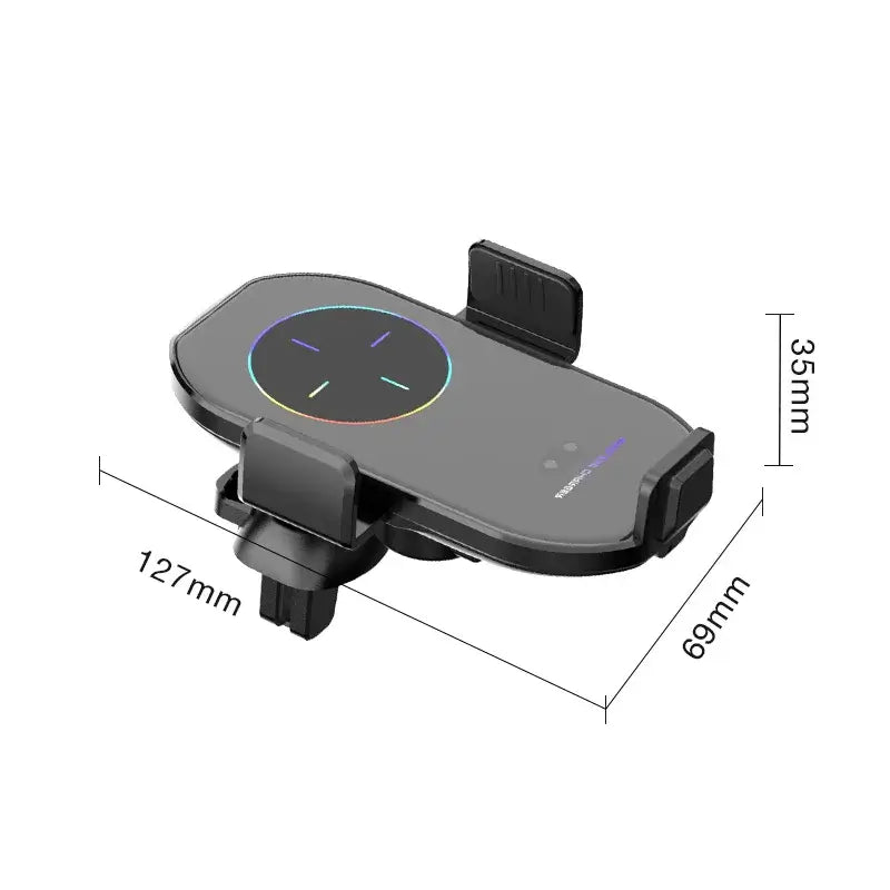 A7S Wireless Charger - Magnetic Dashboard dimensions shown as 127mm x 69mm x 35mm, compact design for car mounting and wireless charging.