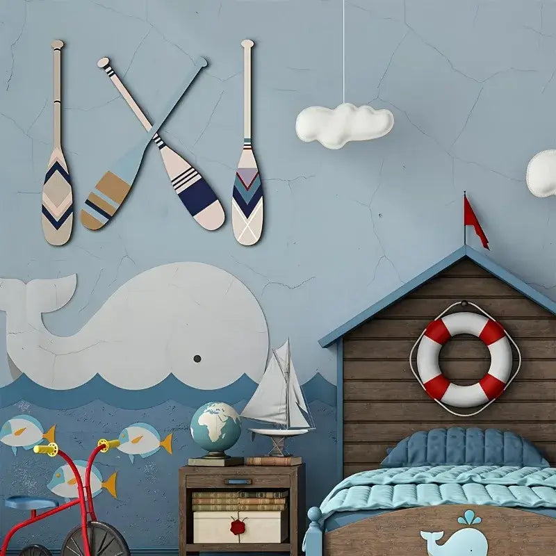 Nautical paddles decor mounted on a child's ocean-themed bedroom wall, enhancing the coastal ambiance with handcrafted wooden charm.