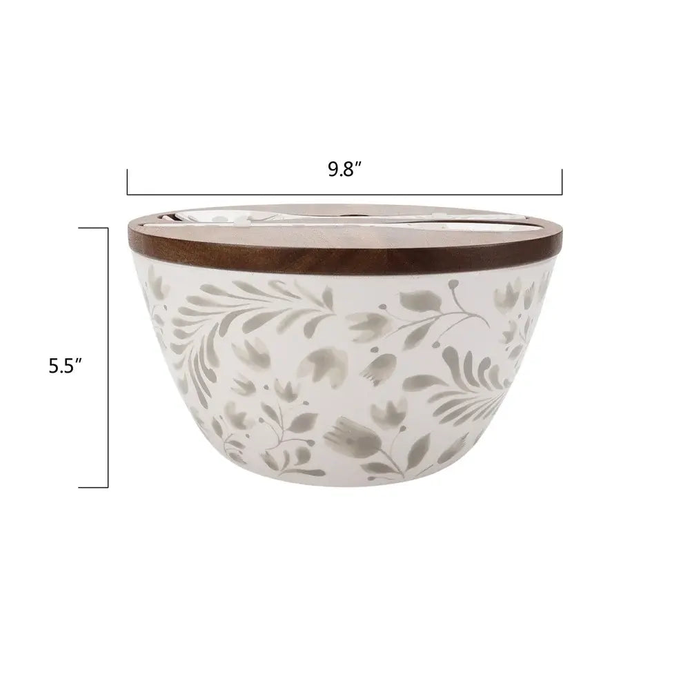 Bamboo Melamine Salad Bowl with lid shown with dimensions 9.8 inches wide and 5.5 inches tall, perfect for serving salads.