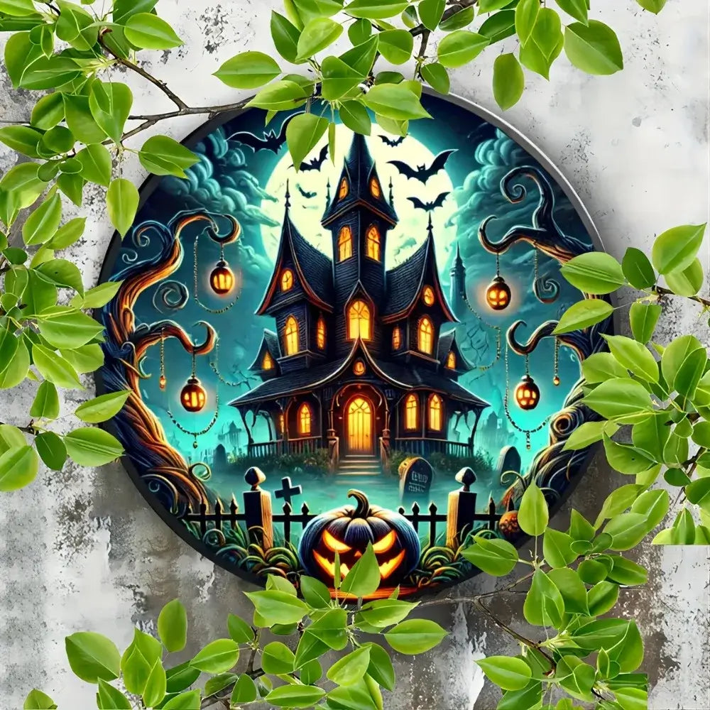 Decorative Halloween haunted house metal sign surrounded by green leaves, perfect for garden or patio seasonal decoration.