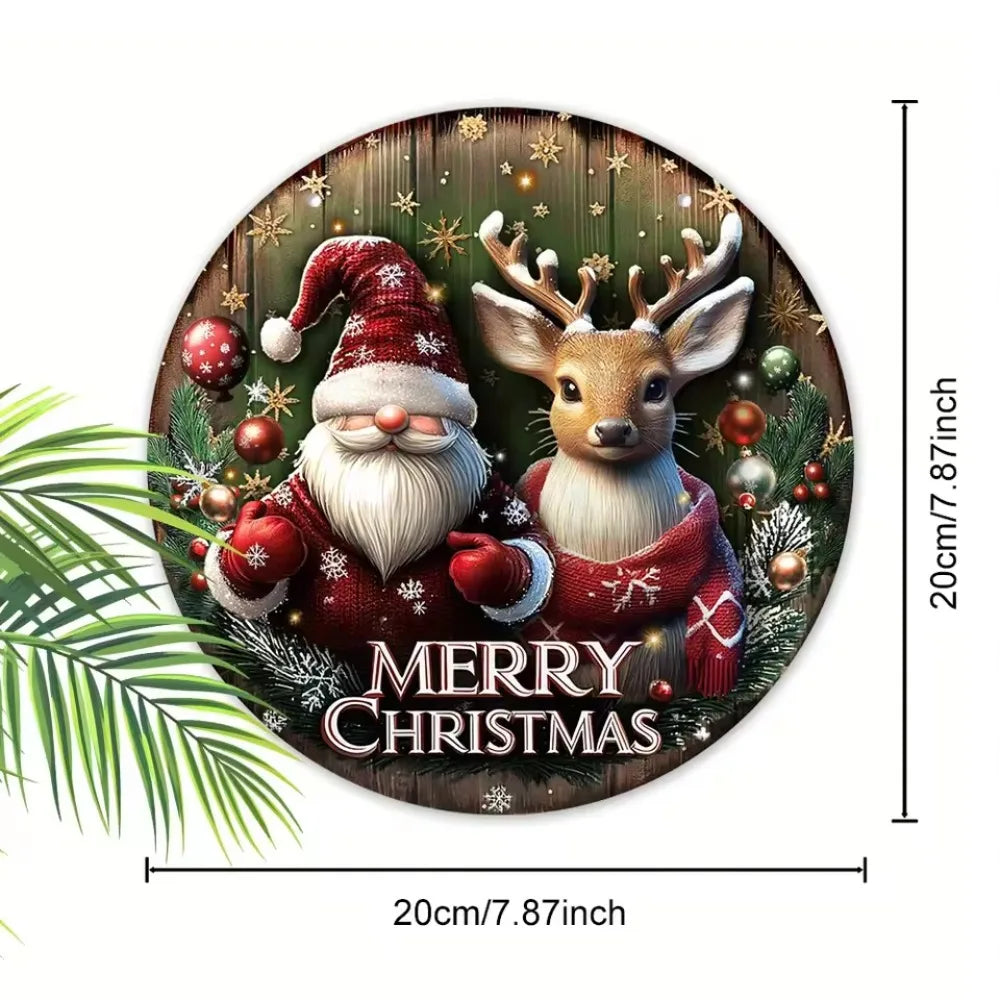 20cm 2D Circular Wooden Merry Christmas Sign with Santa and reindeer, perfect for holiday ornament display in home and garden decor.