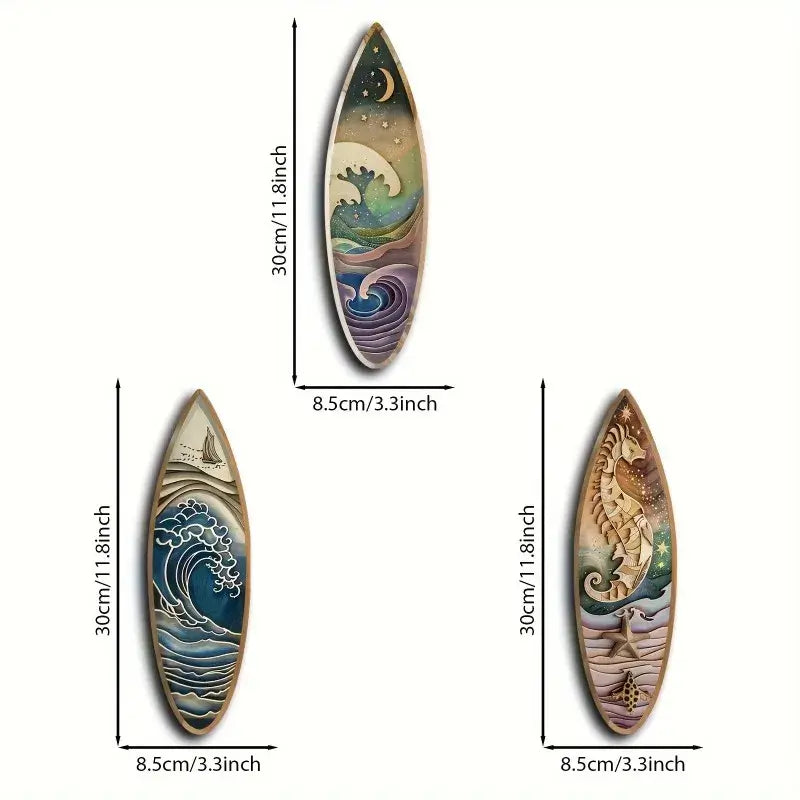 Dimensions of 3PCS Wooden Surfboard Wall Decor shown with each piece measuring 30cm x 8.5cm. Ideal for compact wall decoration.