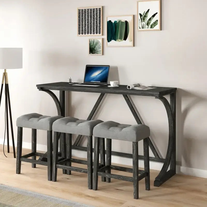 Bar Table and Chairs Set - Industrial Bar Table Set with three gray cushioned stools, ideal for space-saving kitchen or dining areas.