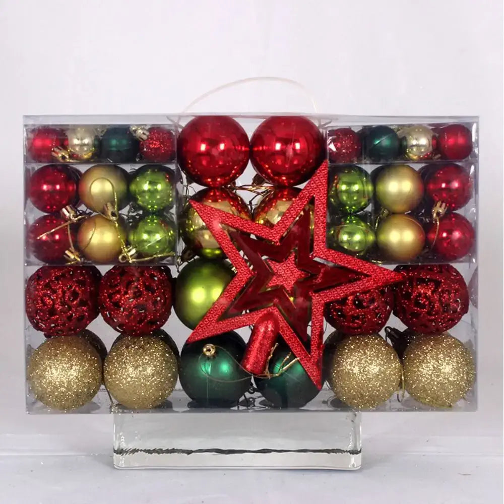 Red, green, and gold 100PCS Plastic Christmas Ball Set with star topper, ideal for classic and festive holiday tree themes.