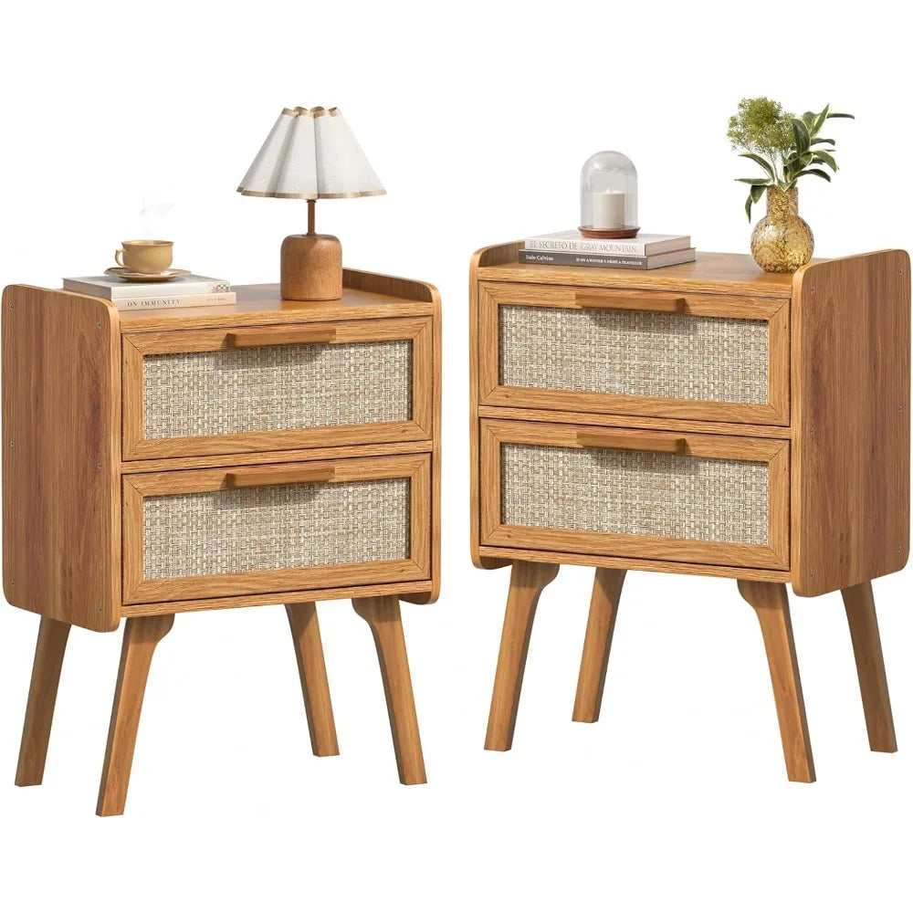 Set of 2, Rattan Nightstands with 2 Drawers