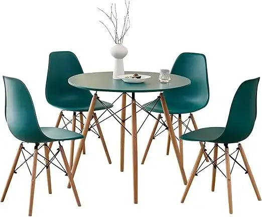 Green 5-piece round dining table set with matching chairs and wooden legs, ideal for modern kitchens and compact dining spaces.