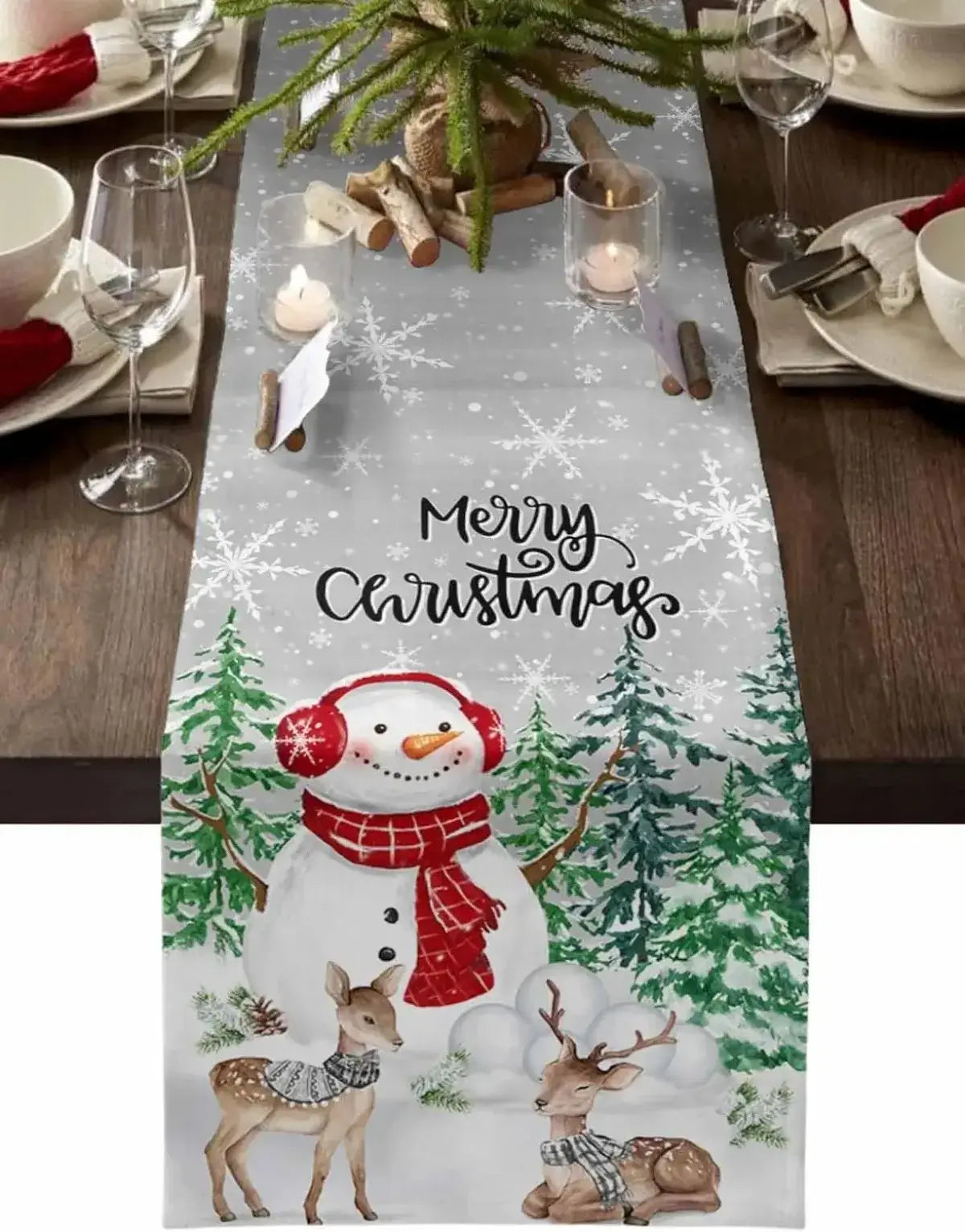 Gray Christmas table runner with snowman and reindeer in snowy forest. Linen fabric perfect for festive home and garden table decor.