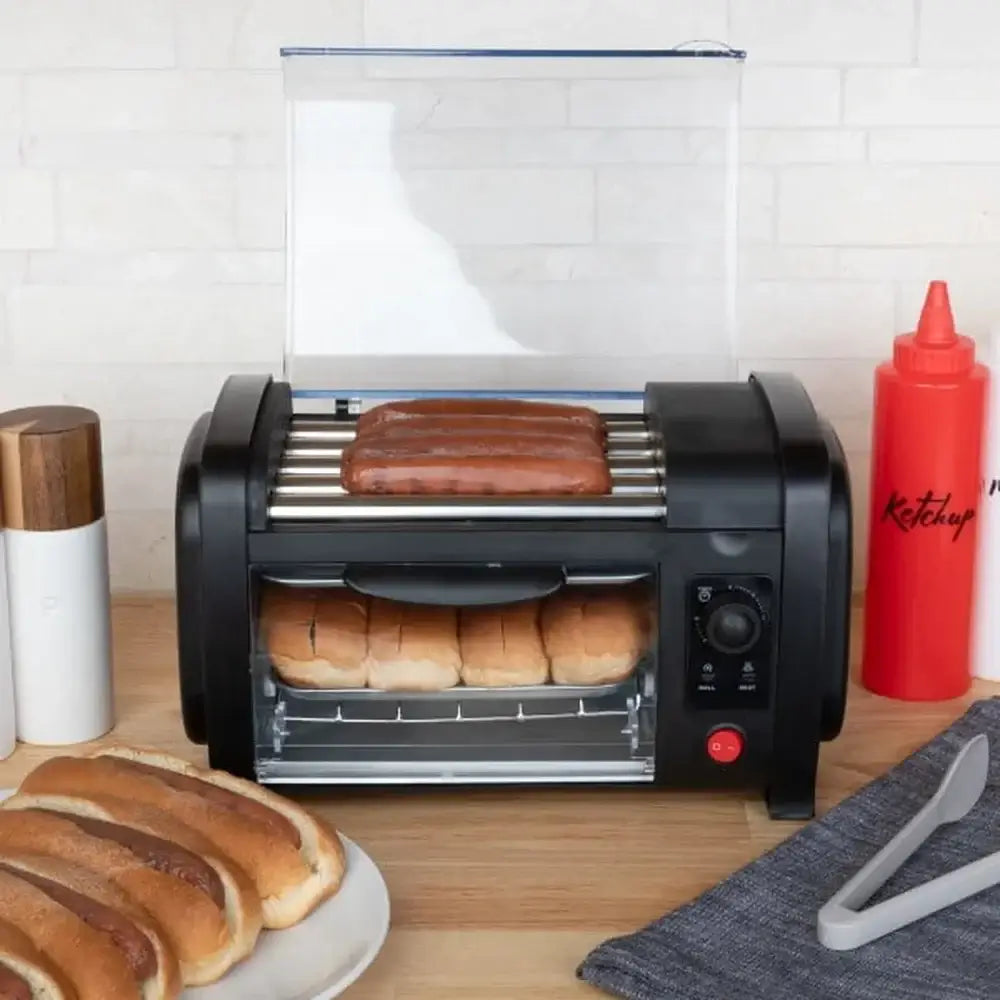 Compact Stainless Steel Hot Dog Roller with Bun Warmer in use, grilling hot dogs and warming buns, perfect for kitchen appliance setups.