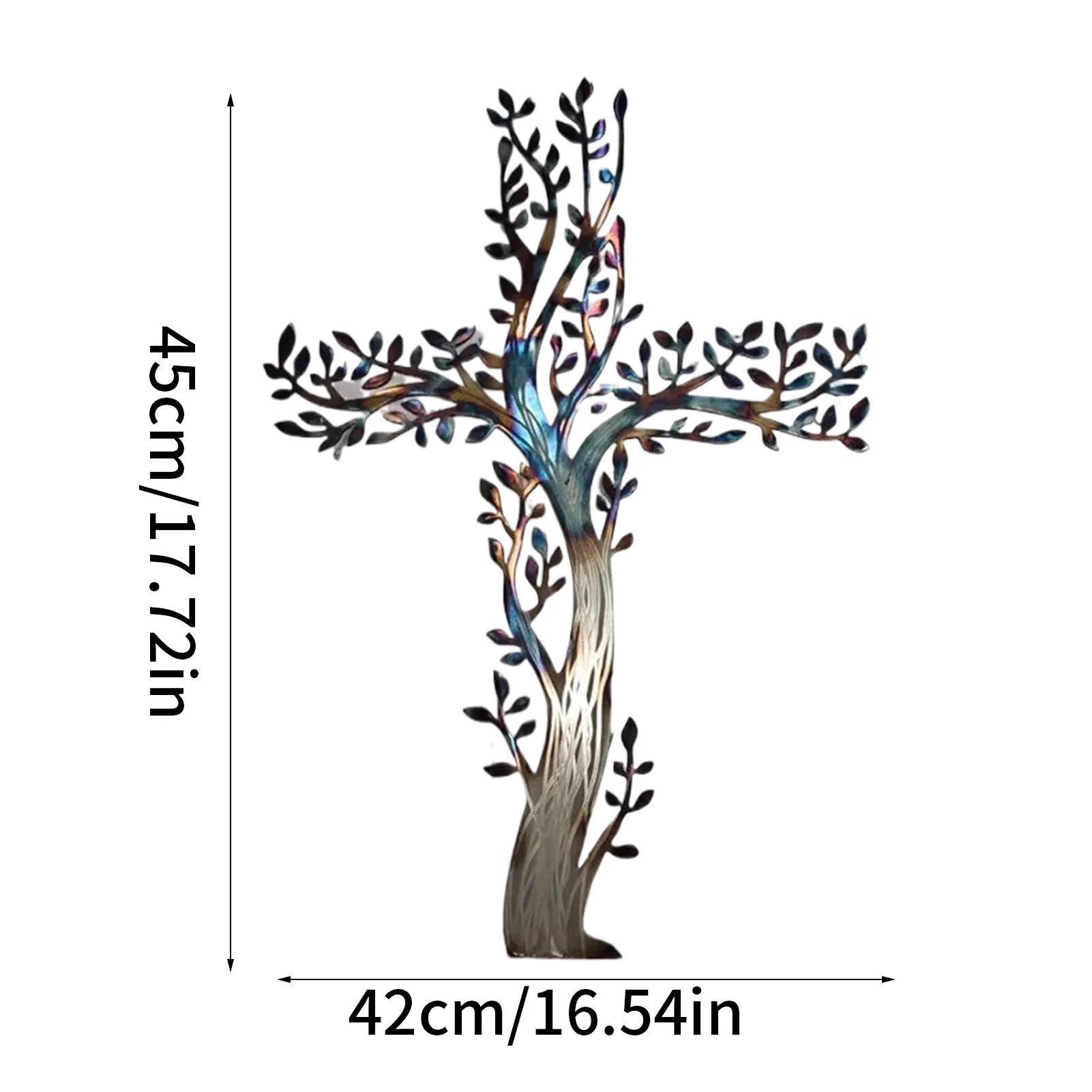 Cross-Shaped Tree Metal Wall Art with colorful branches, 45cm tall, unique religious and nature-inspired home decor piece.