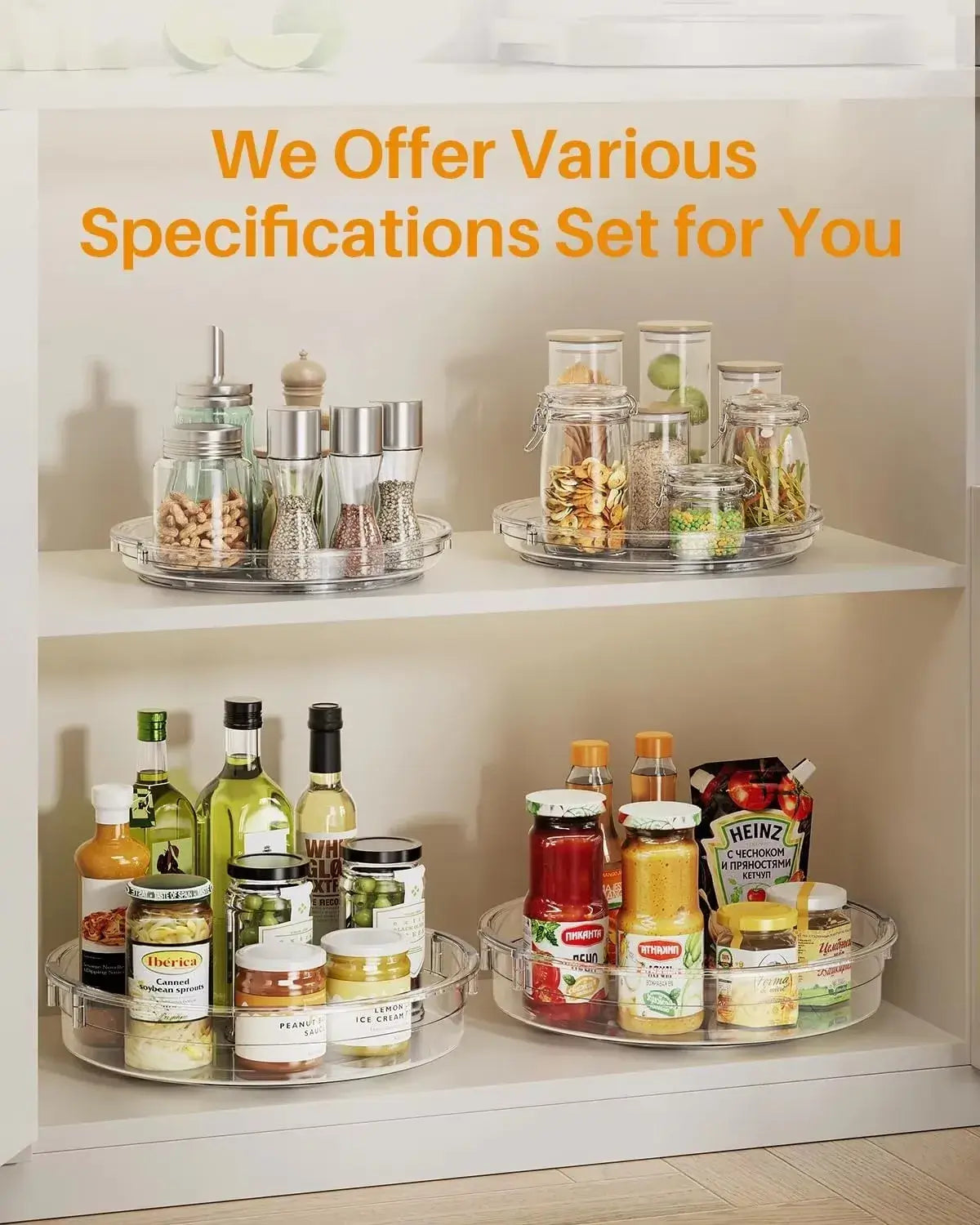 Multiple 360 Rotating Cabinet Organizers in pantry storing spices, jars, and condiments. Various sizes available for customized kitchen storage.