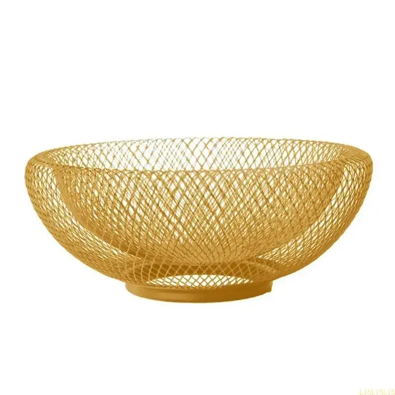 Gold metal fruit basket with wide mesh structure, designed for large capacity fruit storage and modern kitchen decor.