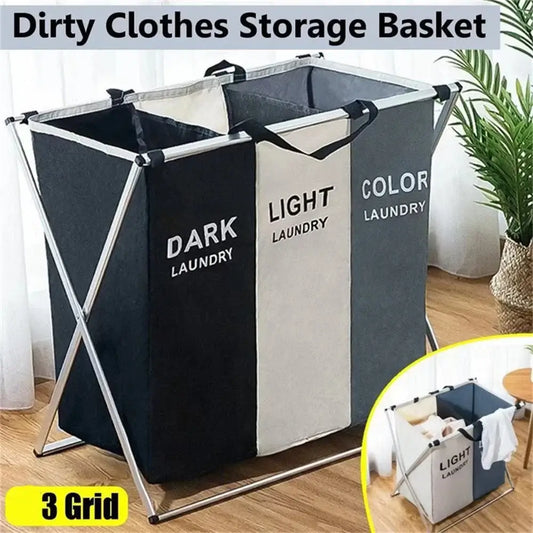 3 Grids Laundry Basket - Foldable Organizer with labeled compartments for dark, light, and color laundry. Space-saving design for home use.