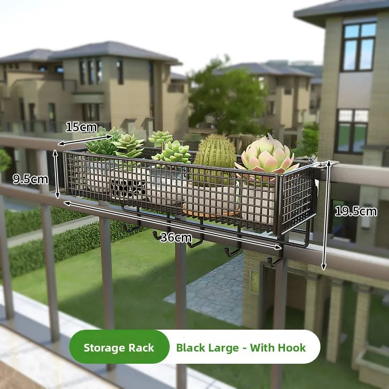 Black large Balcony Plant Stand Windowsill with hooks, 36cm wide. Durable and versatile for balcony or patio use.