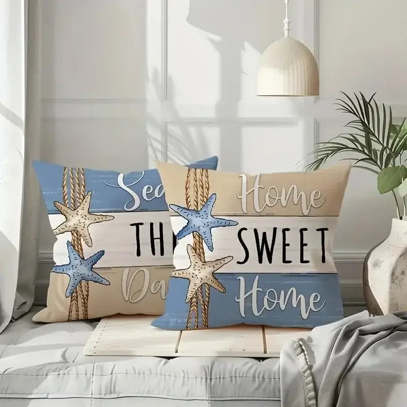Ocean Home Decor Pillowcases with 'Seas the Day' and 'Home Sweet Home' nautical prints. Ideal for beach-style interior decor in living spaces.