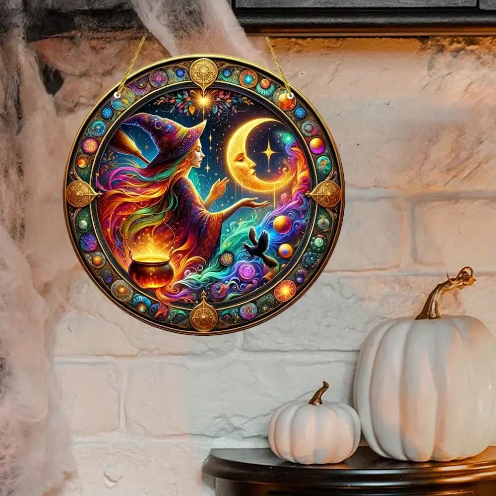 Colorful witch and moon Halloween window decoration with cauldron and magical elements, ideal for festive seasonal decor.