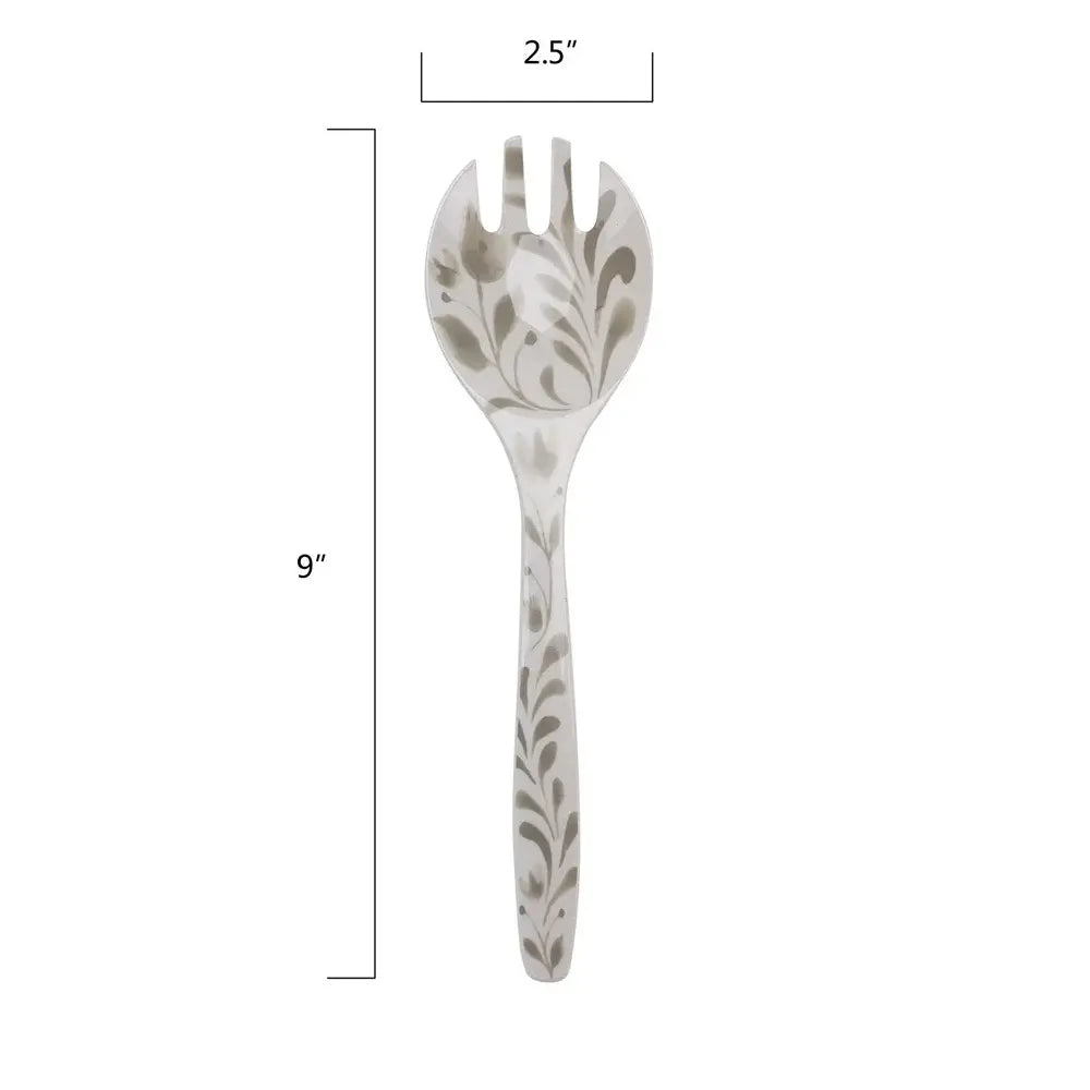 Floral-patterned melamine salad fork measuring 9 inches long and 2.5 inches wide, part of the 4 Piece Bamboo Melamine set.