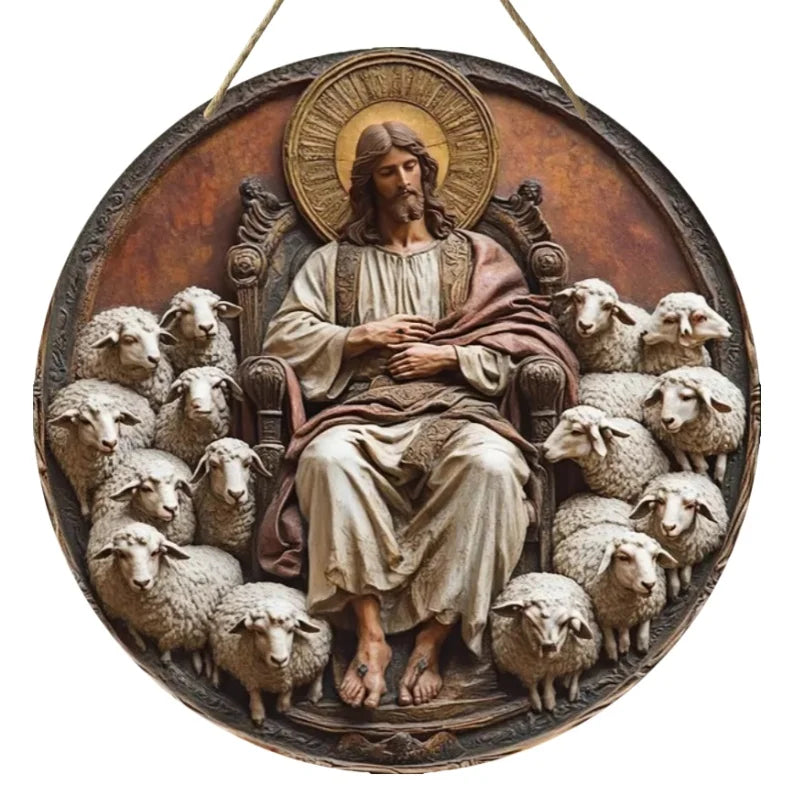2D Retro Jesus Sign - Wooden Welcome showing Jesus seated with a flock of sheep, symbolizing peace and ideal for holiday decor.