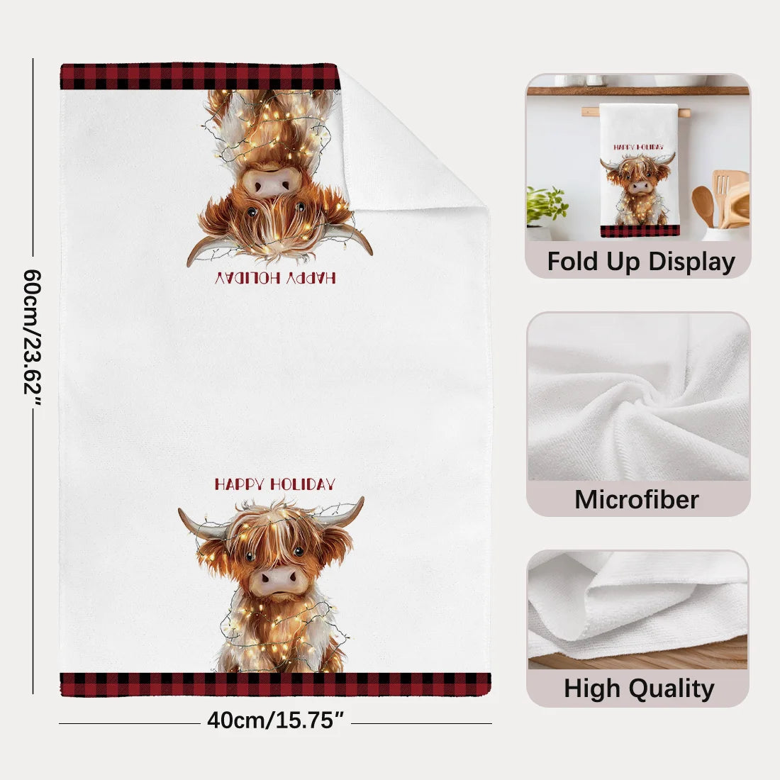 2pcs Kitchen Dishcloth Santa Hat Highland Cow Red Plaid