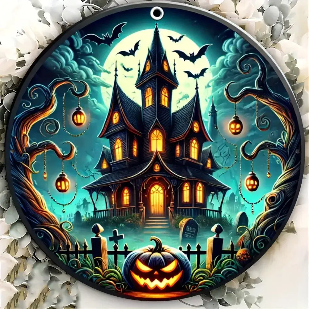 Halloween haunted house metal sign with glowing windows, bats, and jack-o'-lantern, perfect for spooky seasonal home decor and easy wall hanging.