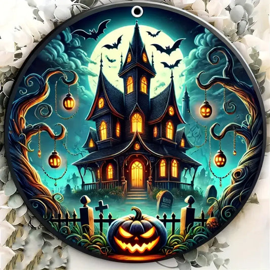 Halloween haunted house metal sign with glowing windows, bats, and jack-o'-lantern, perfect for spooky seasonal home decor and easy wall hanging.