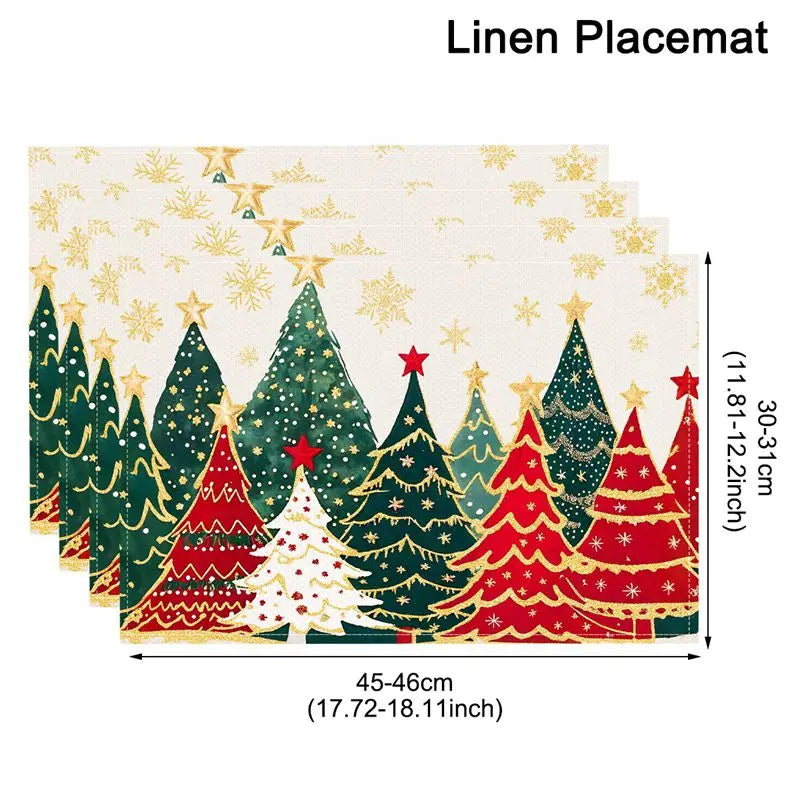 Colorful Christmas tree Linen Placemats with gold stars and snowflakes. Durable linen fabric perfect for holiday dining decor.