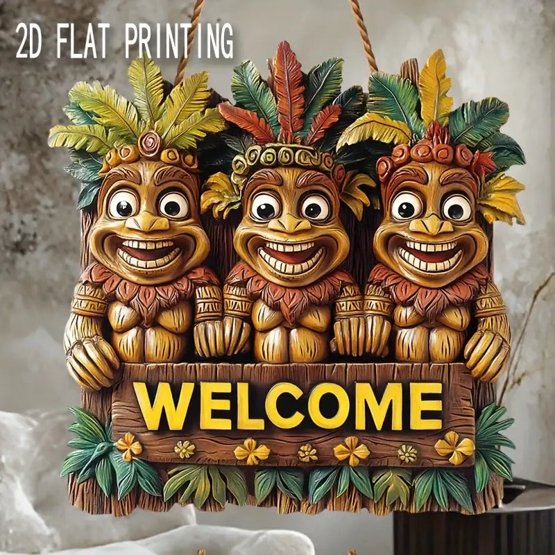 2D Woodcut Wooden Welcome Sign with three colorful tiki figures and floral accents. Precision-cut 9.80 inch novelty sign for festive décor.