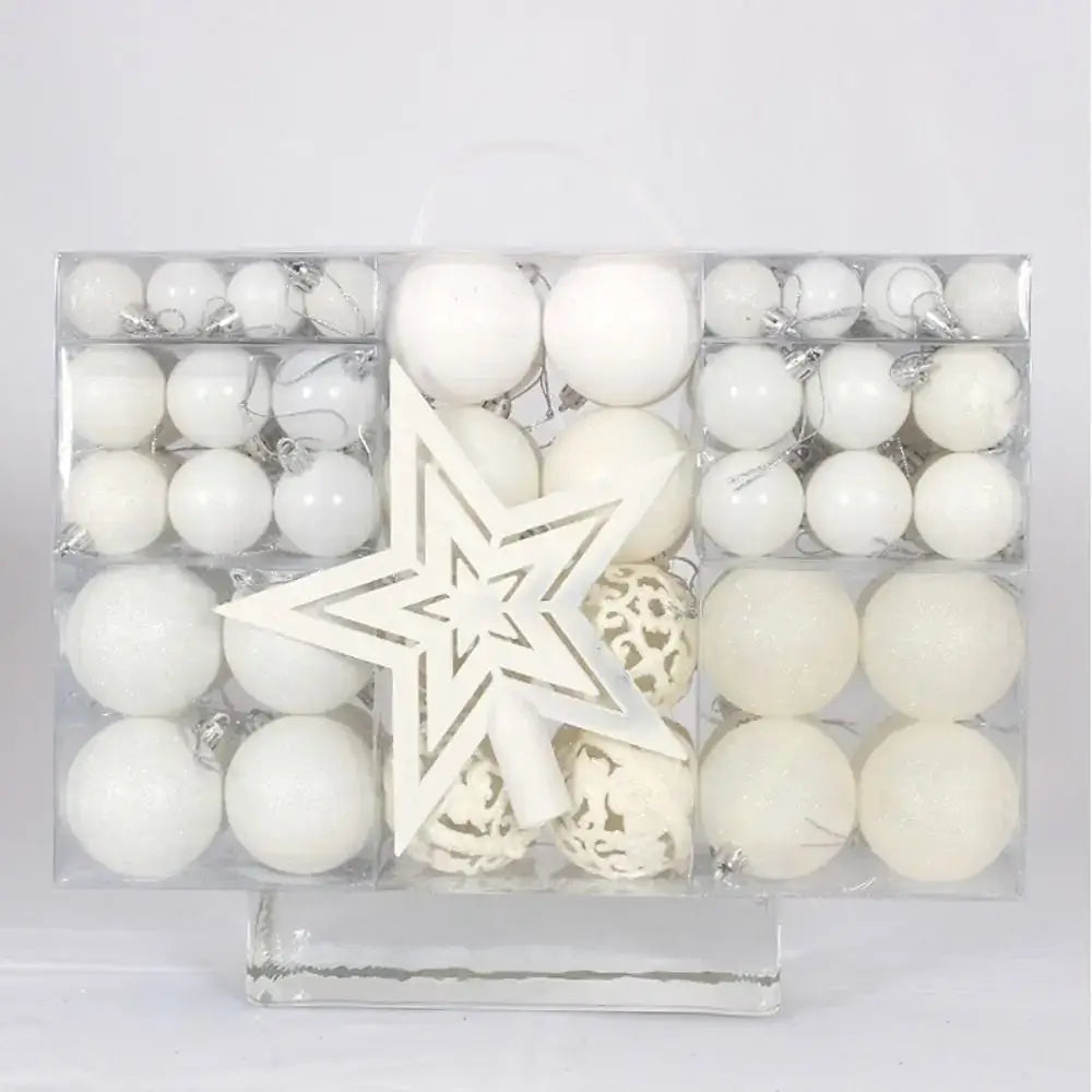 White 100PCS Plastic Christmas Ball Set with star topper, includes matte, shiny, and glitter ornaments for winter-themed decor.