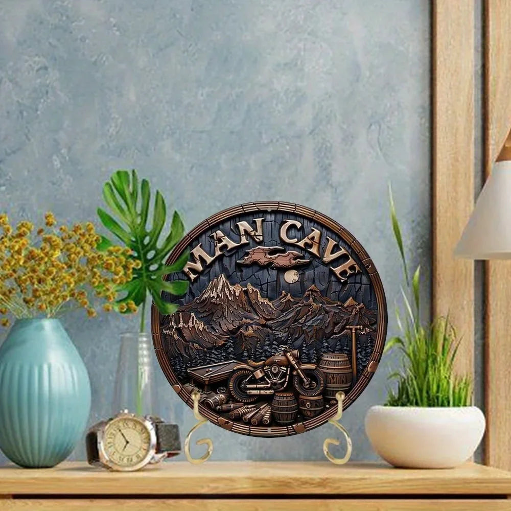 Aluminum Vintage Man Cave Sign on a tabletop stand, ideal for rustic home or office decor with motorcycle and mountain artwork.