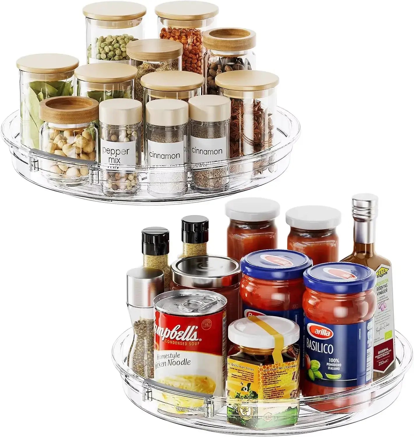 Set of two 360 Rotating Cabinet Organizers storing spices, sauces, and canned goods. Clear trays maximize pantry space and visibility.