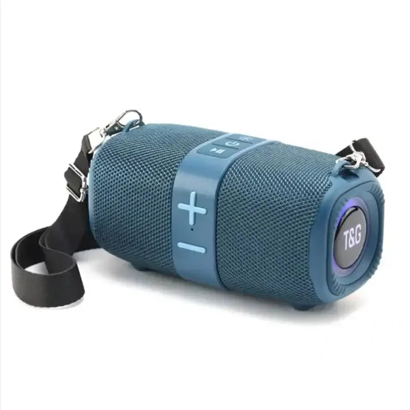 Blue Crossbody Bluetooth Speaker with purple LED light and strap. Portable 50W speaker with dynamic sound and stylish design.