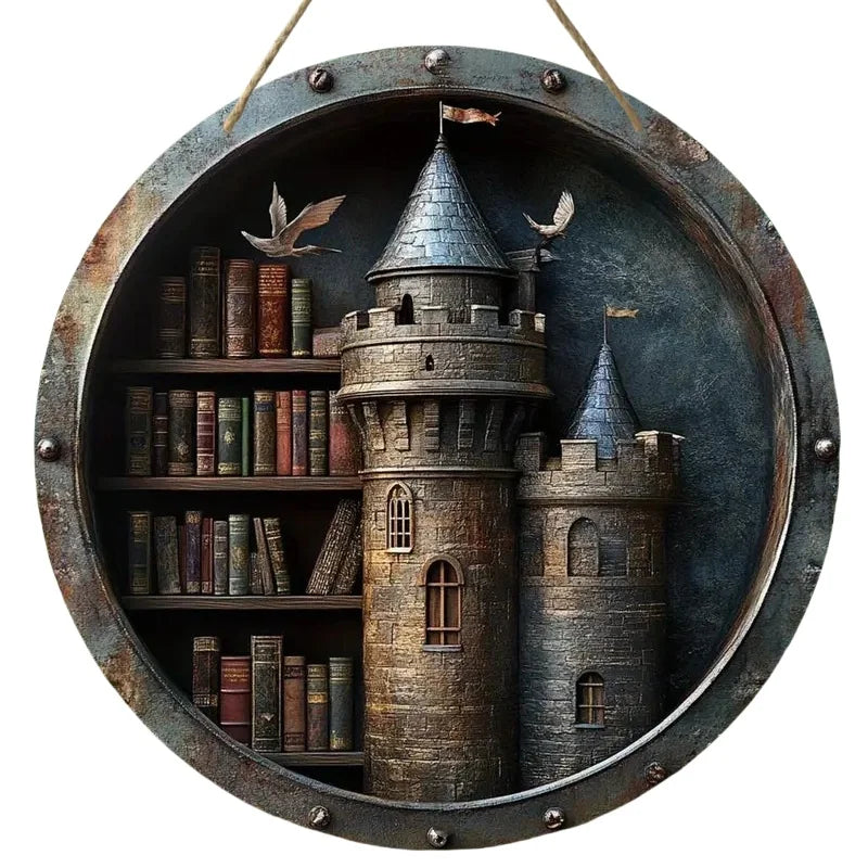 Circular wooden sign with twin tower castle and bookshelf, accented by flying birds, ideal for magical Christmas wall decor.