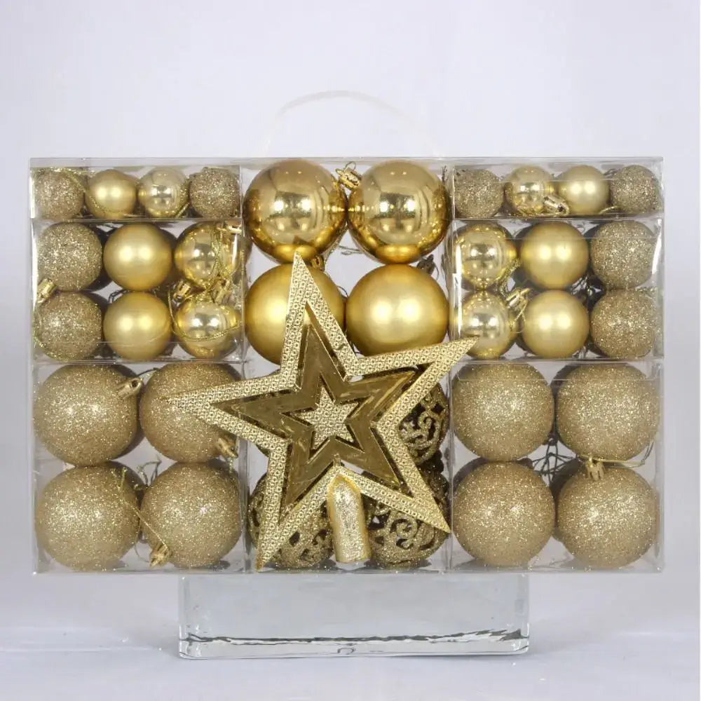 Gold 100PCS Plastic Christmas Ball Set with glitter and matte finishes, includes matching star topper for festive tree styling.