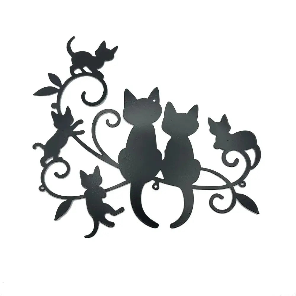 Metal Black Cat Silhouette features five cats on swirling vines, crafted in durable black metal for stylish wall art in home and garden decor.
