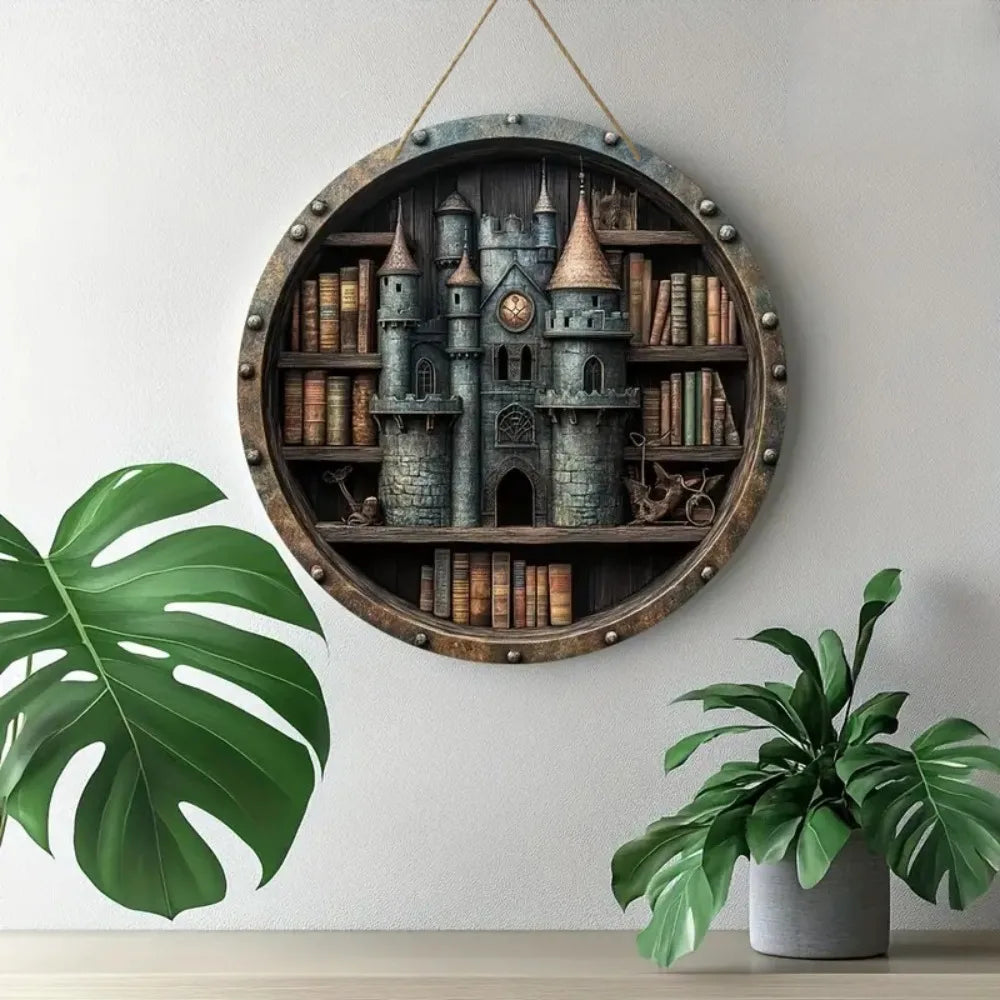 2D retro circular wooden sign with gray castle bookshelf design, ideal for indoor Christmas wall decoration in home or office.