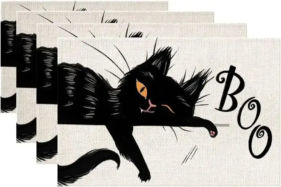 Halloween Table Placemats - Linen 4PCS featuring a black cat and 'Boo' text. Adds a playful spooky touch to your Halloween table decor.