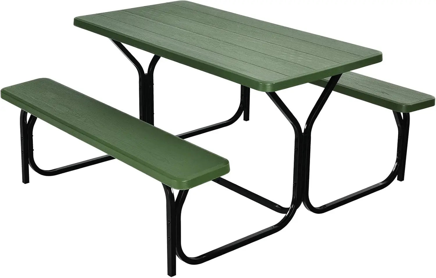 Green All Weather Picnic Table Set with sturdy metal base and wood-like texture, suitable for outdoor use.