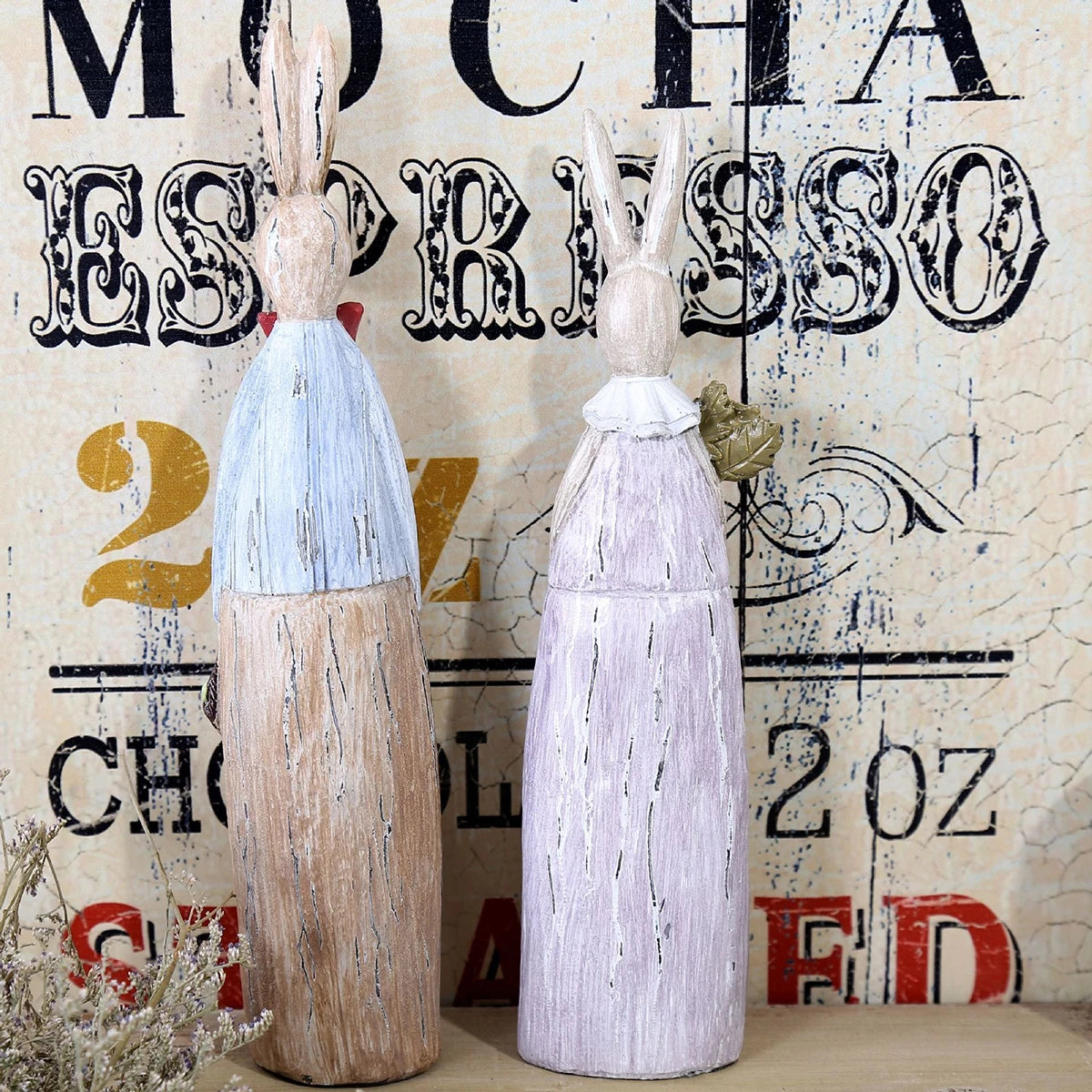 Wood Grain Resin Bunny Couple Statue - Handmade