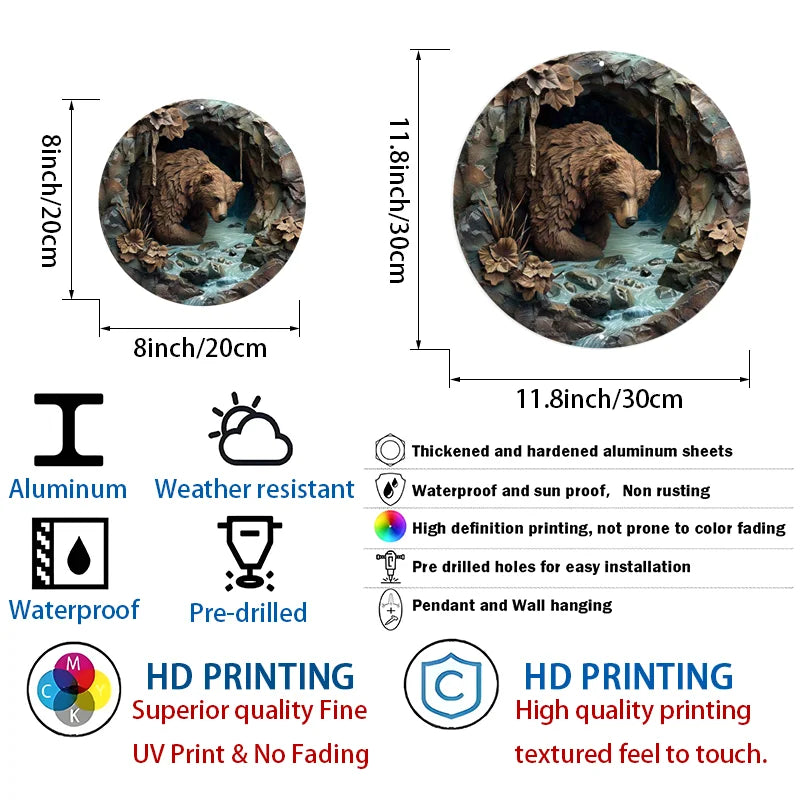Size comparison of 8-inch and 11.8-inch Brown Bear Cave Aluminum Signs. Features include waterproof, UV resistant, and pre-drilled holes.
