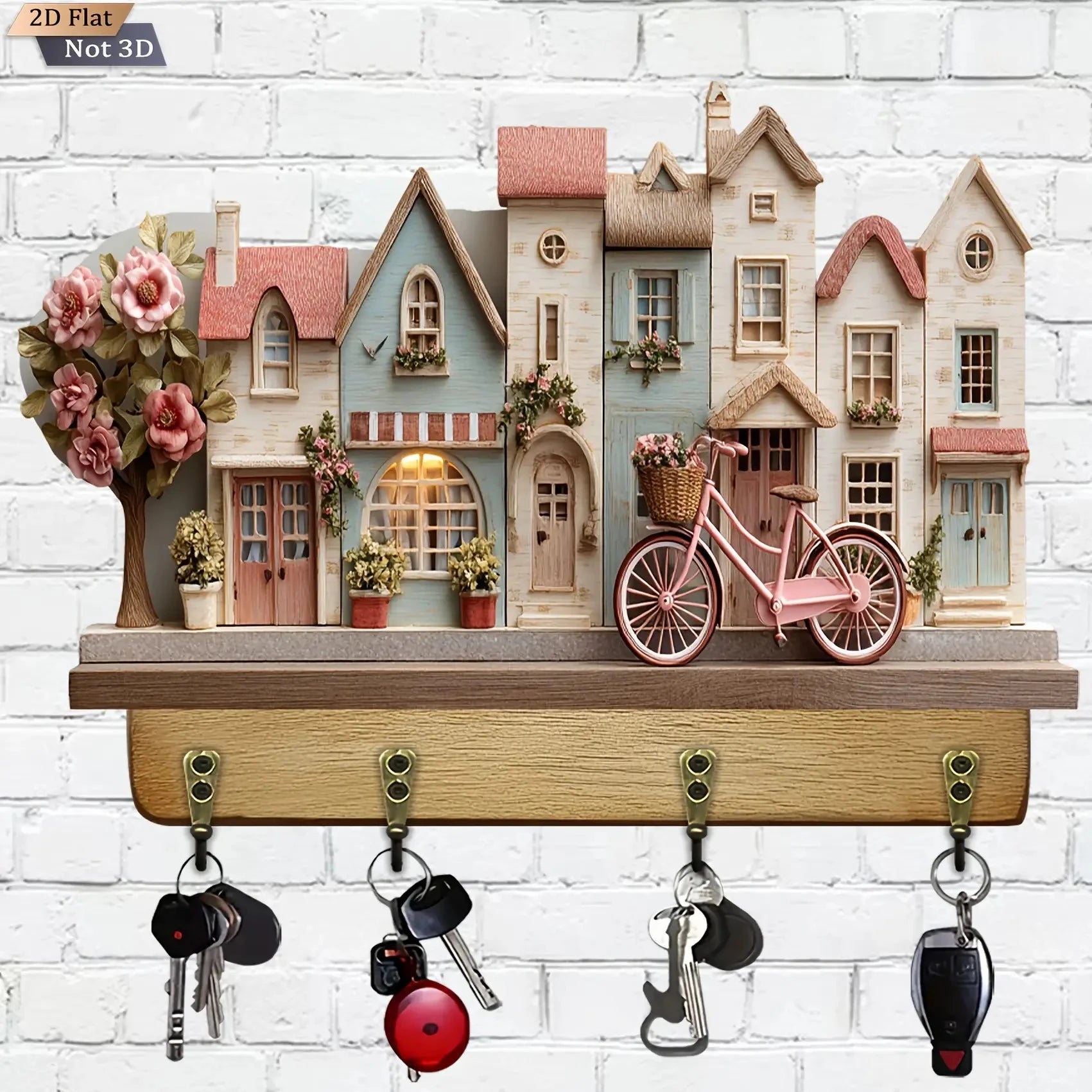 2D,12in Retro Country Dreamy Fairy Tale Cottage Wooden Key Holder