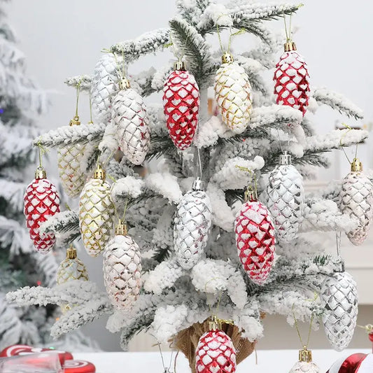 Christmas Pinecone Hanging Pendants | 5Pcs Rustic Décor displayed on a snowy Christmas tree in red, white, silver, and gold colors.